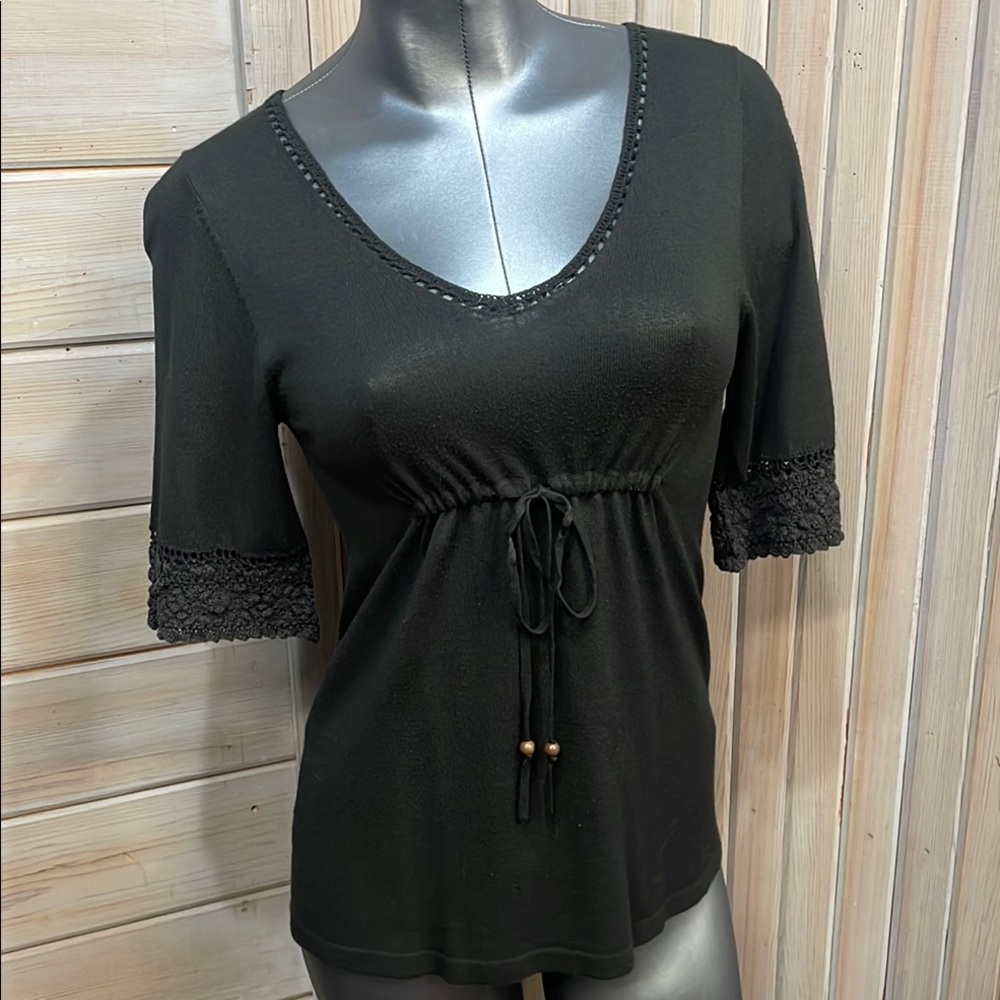 LOFT Black Fitted Tie Front Flutter Sleeve Top